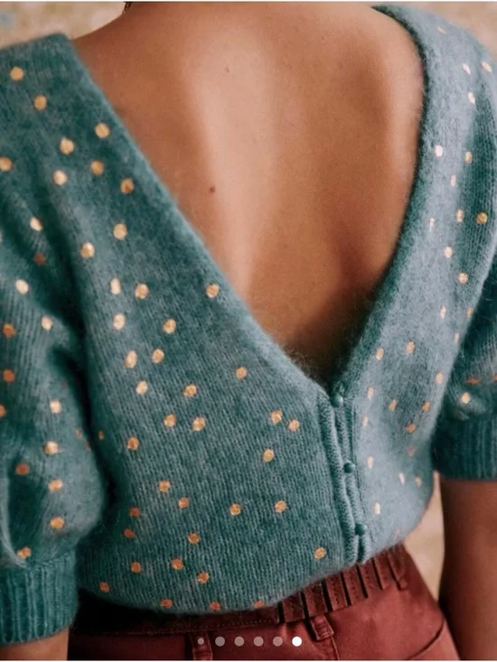 Sezane Teal Blue Gold Polka Dot Short Sleeve Knit Sweater Size XS NWOT - Picture 4 of 9